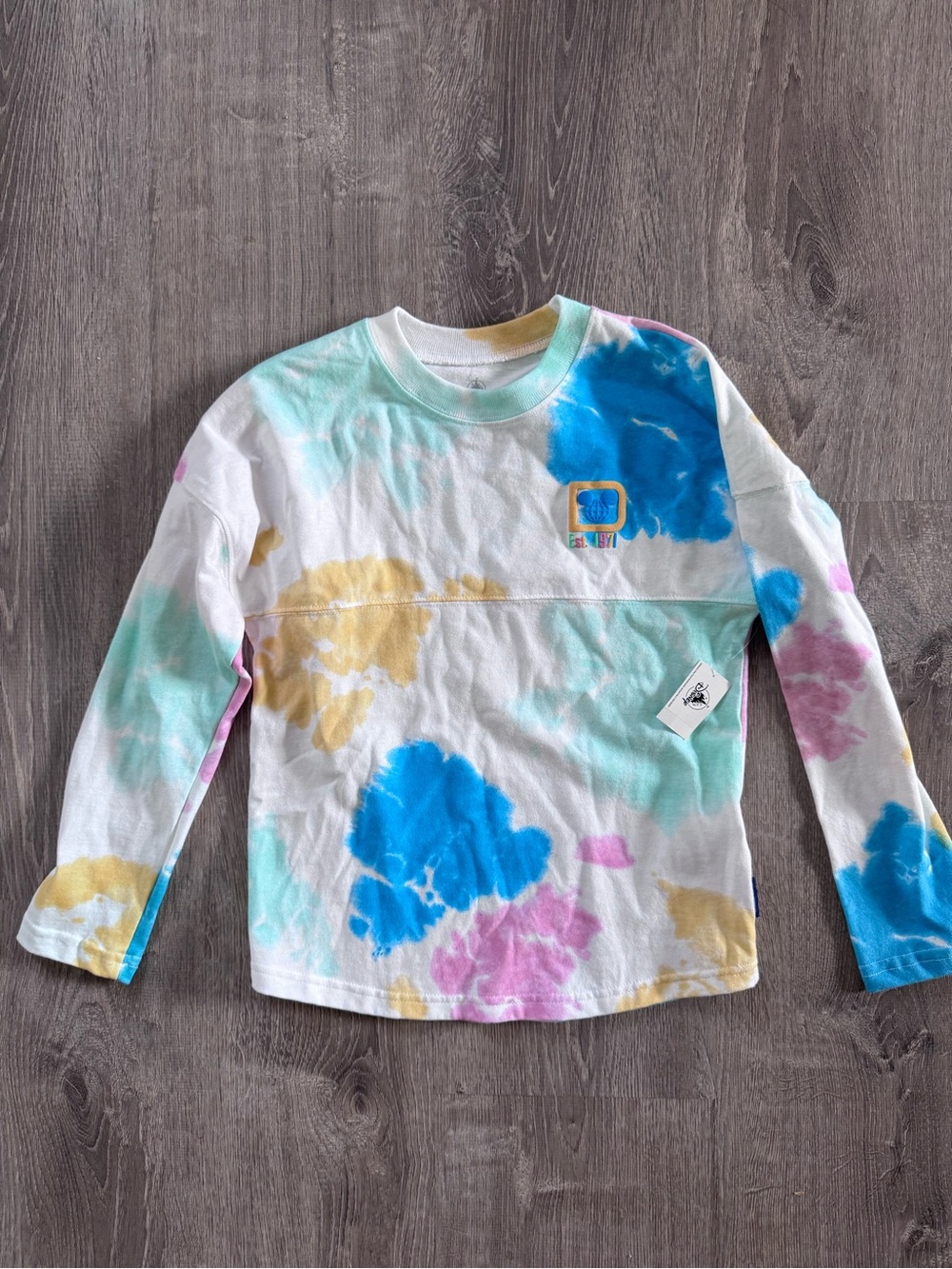 WDW Tie-Dye Long Sleeve Tee - White with Blue, Pink & Yellow